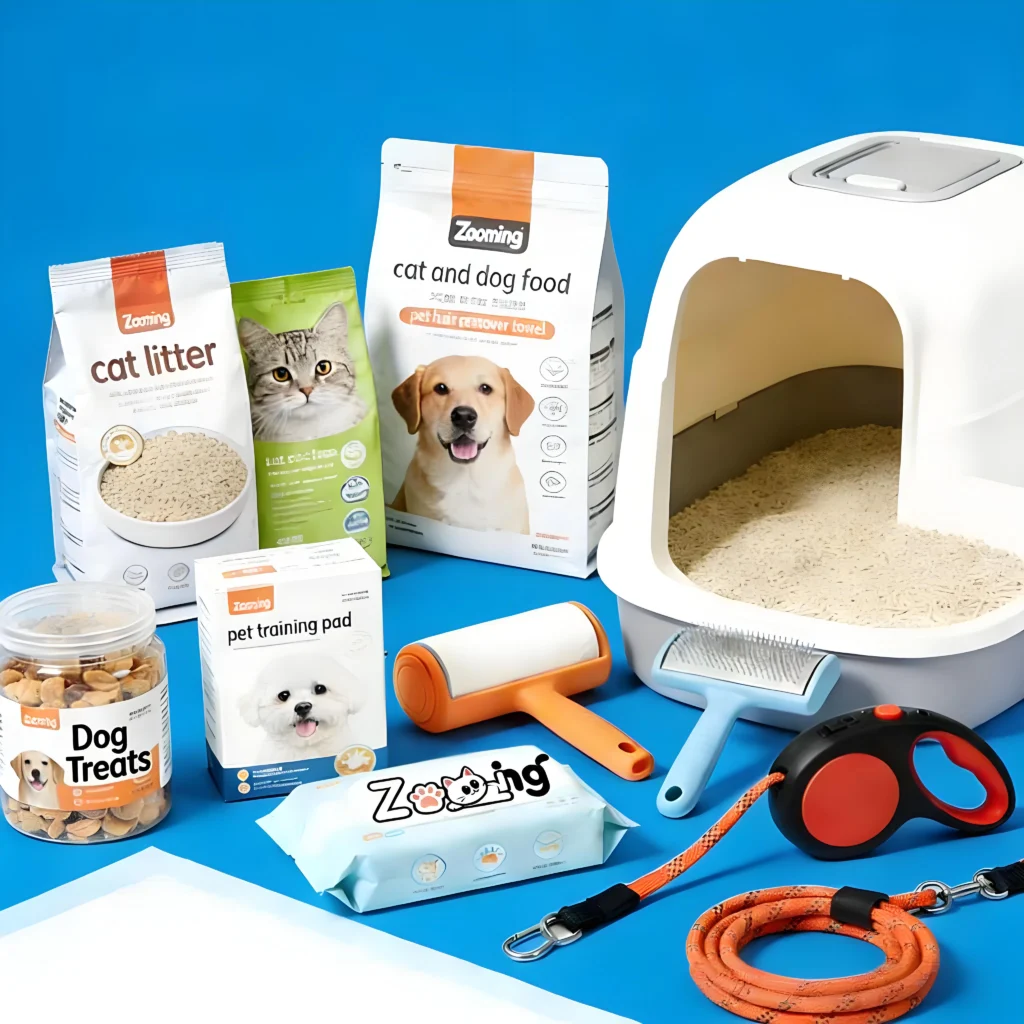 Complete pet supplies showcase for cats and dogs, full range of products