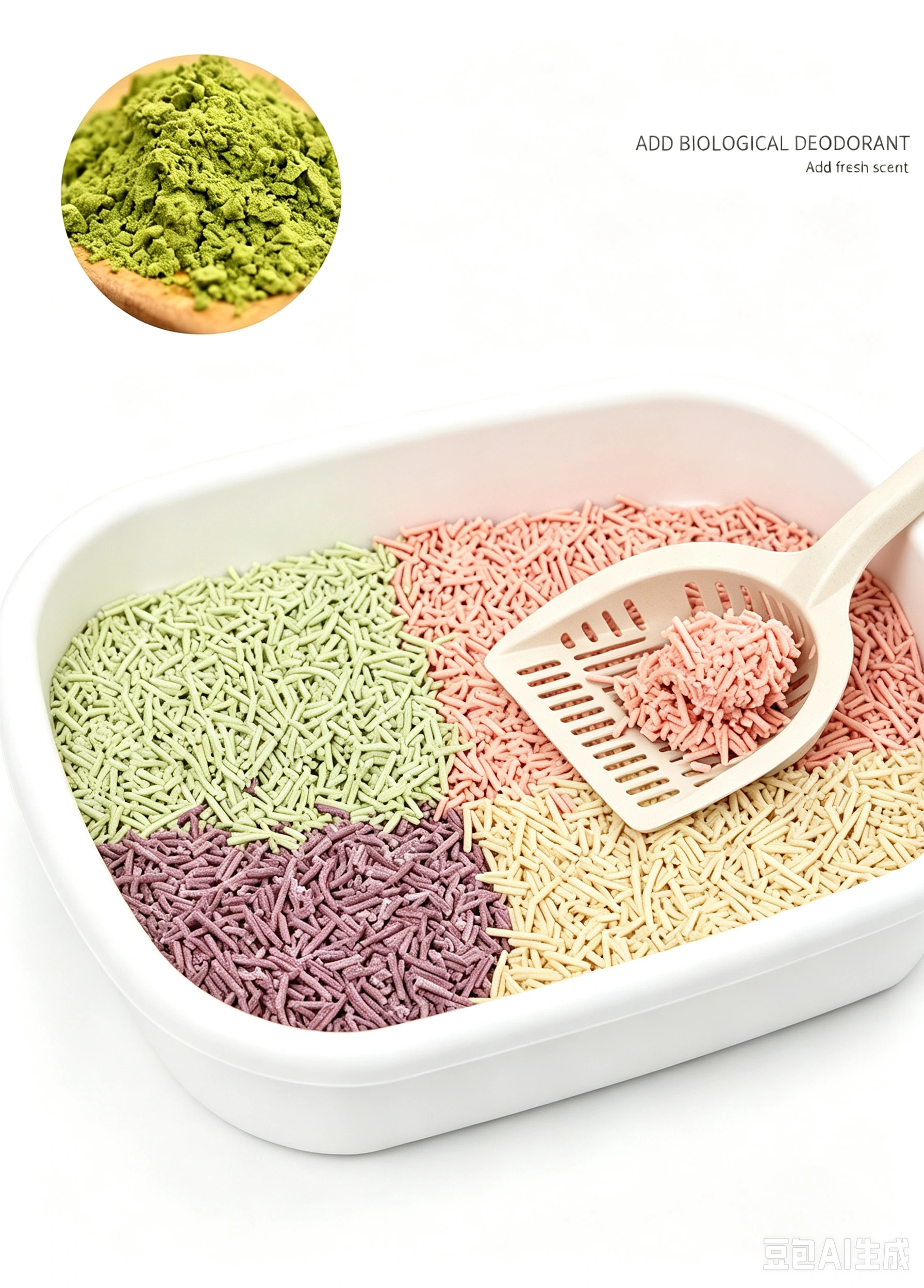 Bright colored cat litter bags with cat pattern displayed on exhibition shelf, tofu cat litter product display